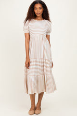 Cream/ Mocha Striped Short Sleeve Tiered Maxi Dress