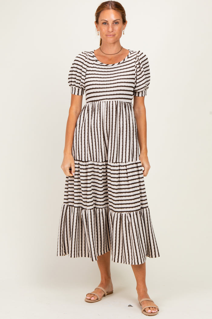 Cream/ Brown Striped Short Sleeve Tiered Maternity Maxi Dress