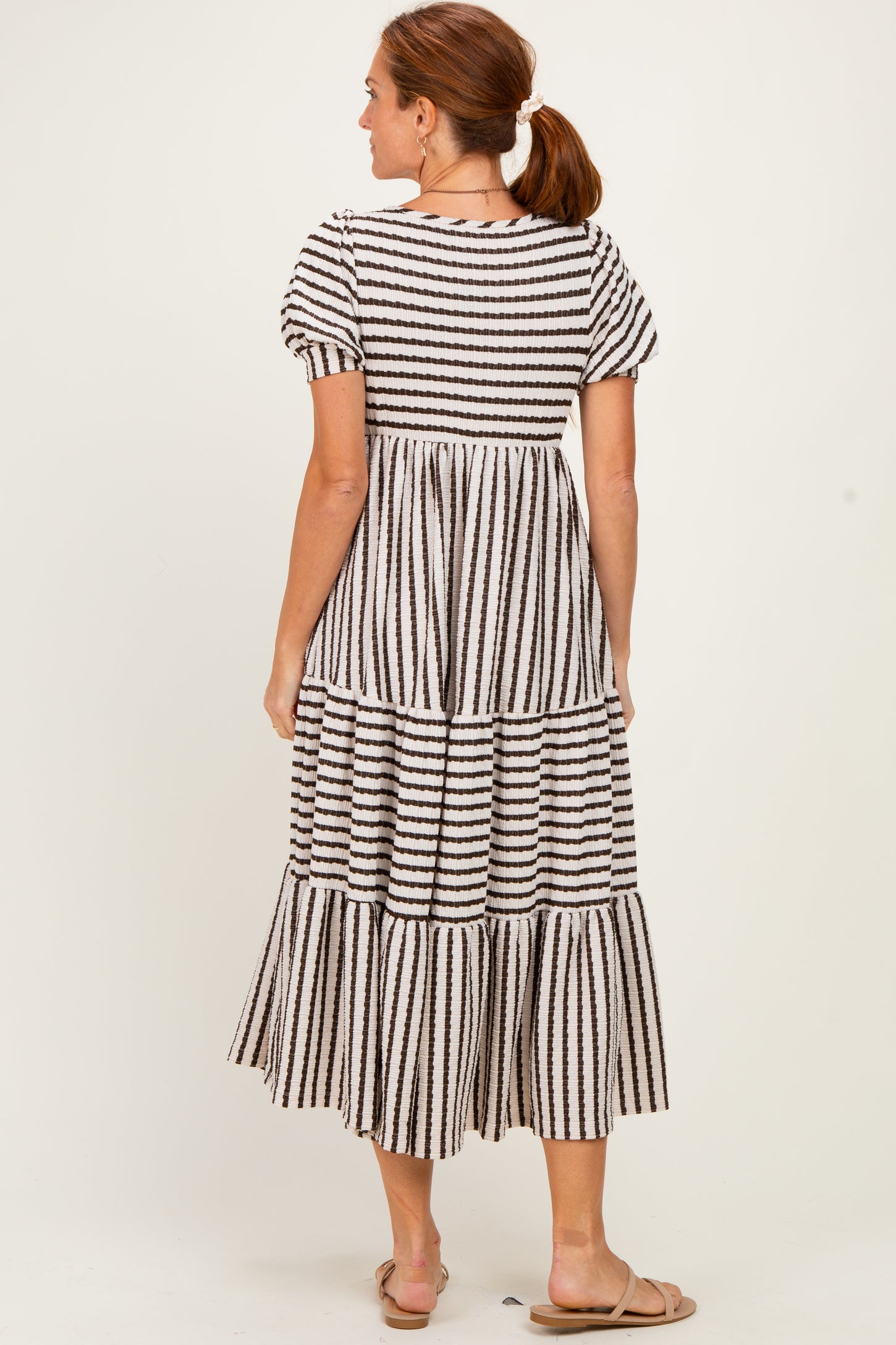 Cream/ Brown Striped Short Sleeve Tiered Maxi Dress