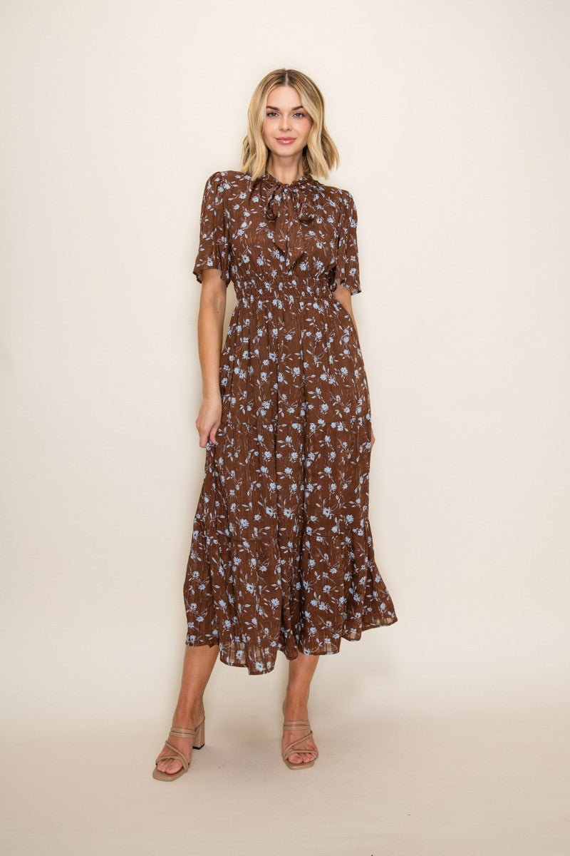 Brown Floral Neck Tie Tiered Midi Dress