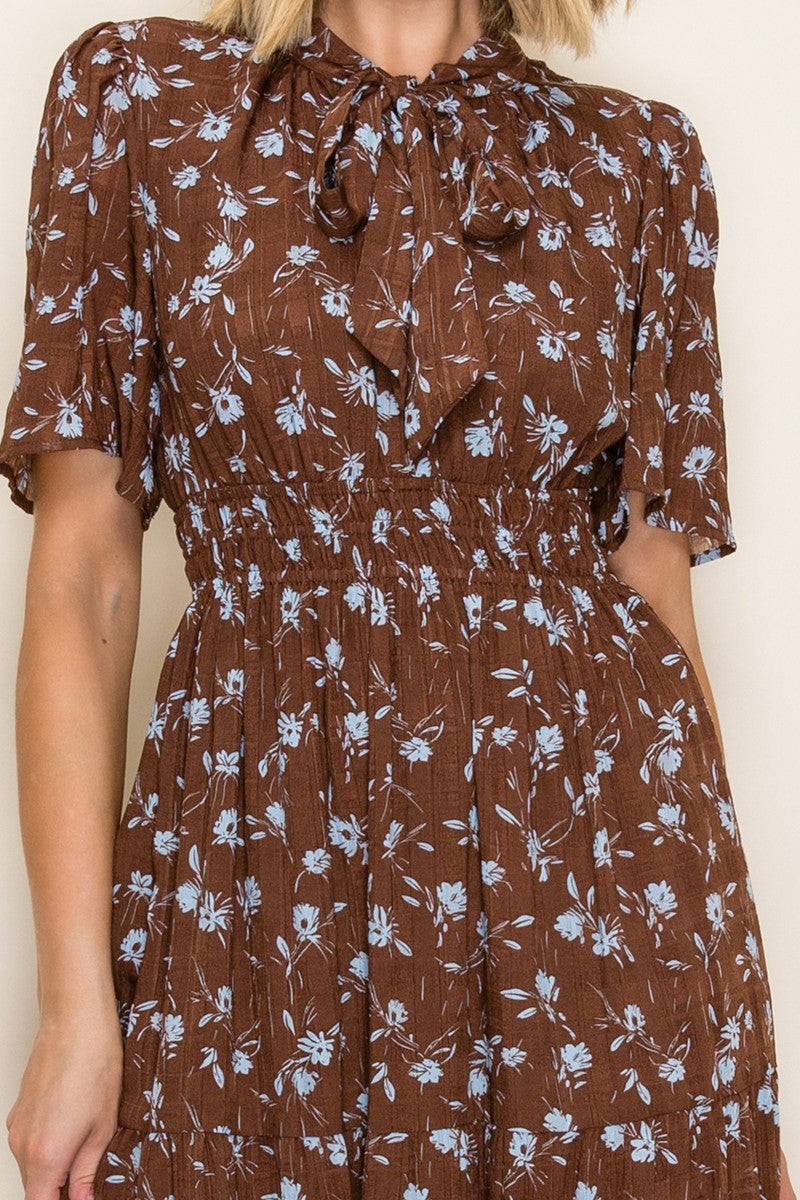 Brown Floral Neck Tie Tiered Midi Dress