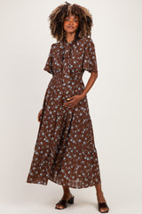 Brown Floral Neck Tie Tiered Maternity Midi Dress