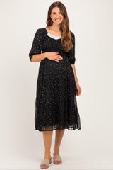 Black Floral Lace Trim Maternity Midi Dress