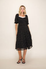 Black Floral Lace Trim Midi Dress