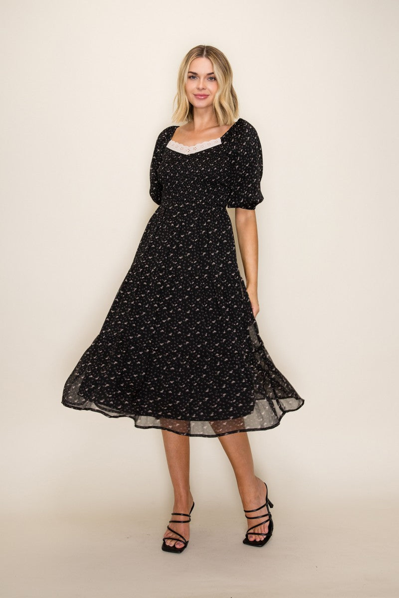 Black Floral Lace Trim Midi Dress