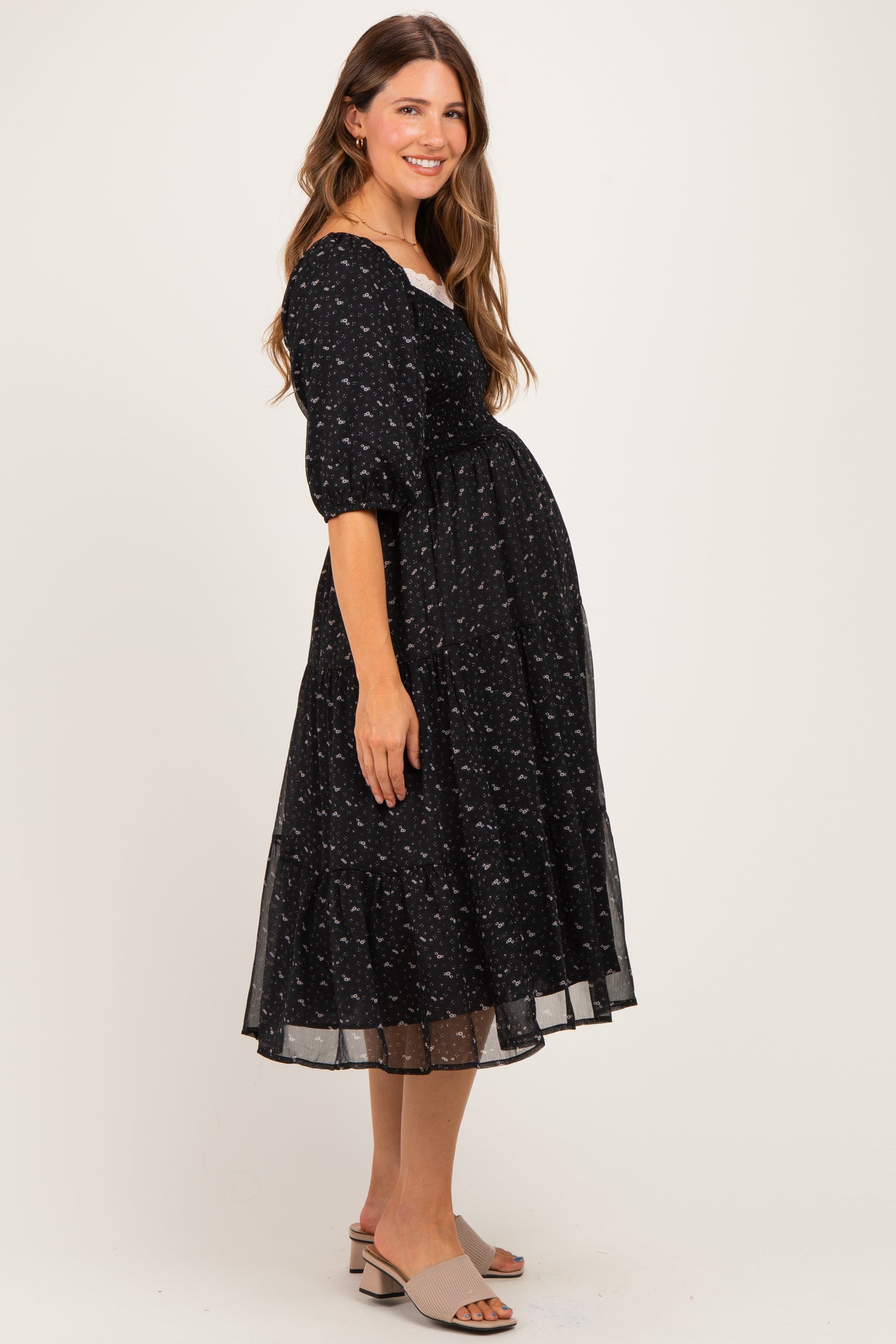 Black Floral Lace Trim Maternity Midi Dress
