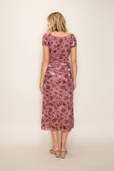Vintage Rust Ruched Floral Mesh Midi Dress