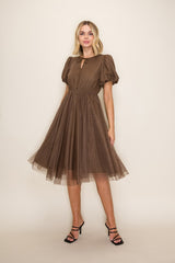 Mocha Polka Dot Tulle Maternity Midi Dress