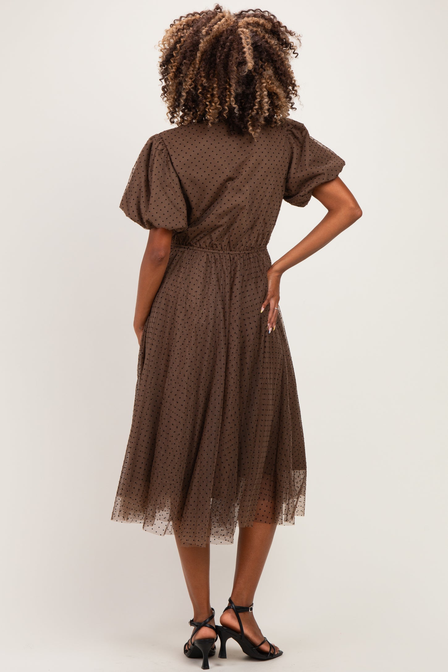 Mocha Polka Dot Tulle Maternity Midi Dress