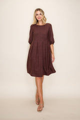 Brown Printed Textured Pleated Midi Dress