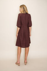 Brown Printed Textured Pleated Midi Dress