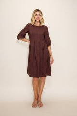 Brown Printed Textured Pleated Midi Dress