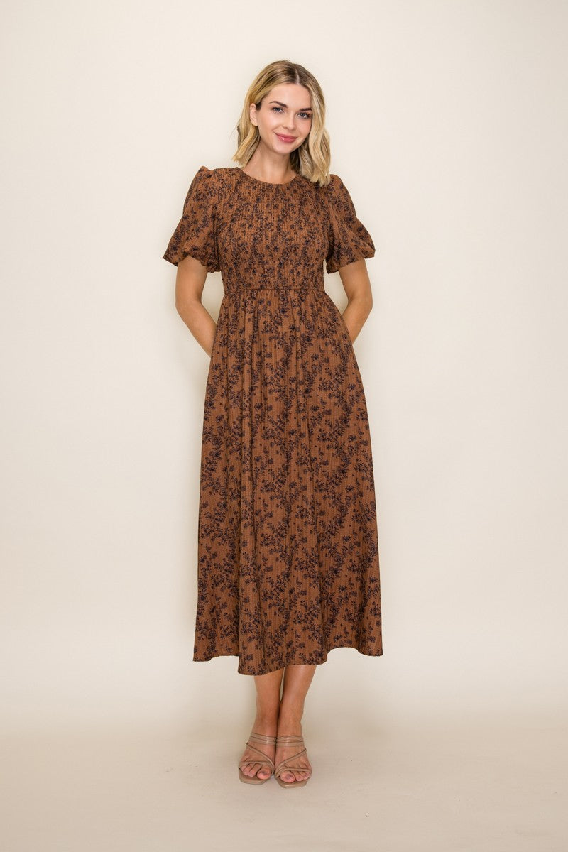 Clay Floral Smocked Puff Sleeve Dress