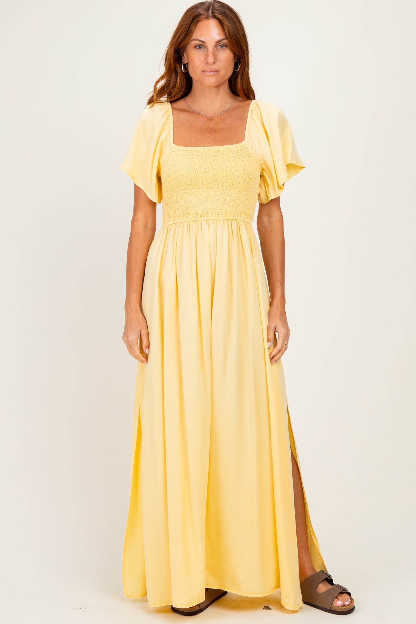 Yellow Chambray Smocked Maternity Maxi Dress