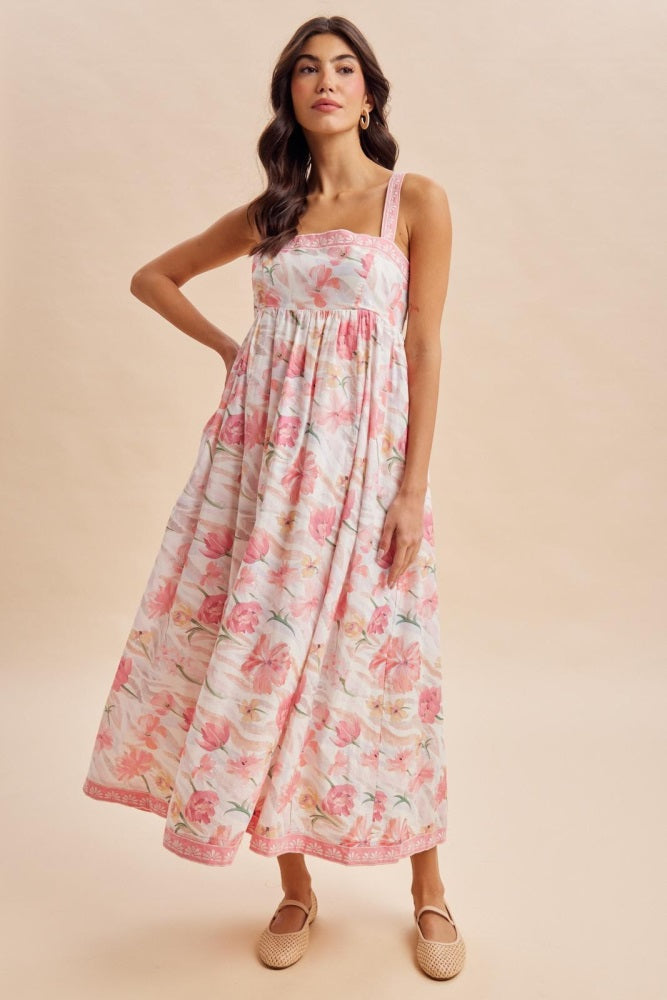 Coral Pink Floral Embroidered Maternity Maxi Dress