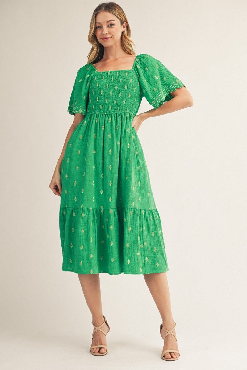 Kelly Green Smocked Embroidered Midi Dress