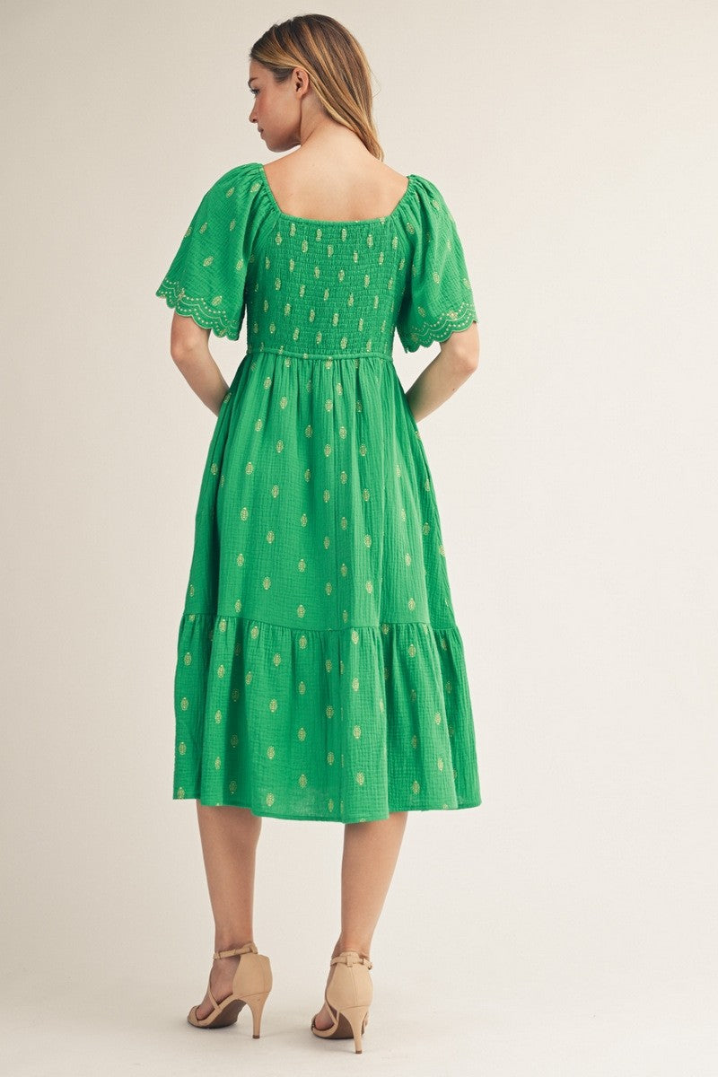 Kelly Green Smocked Embroidered Midi Dress