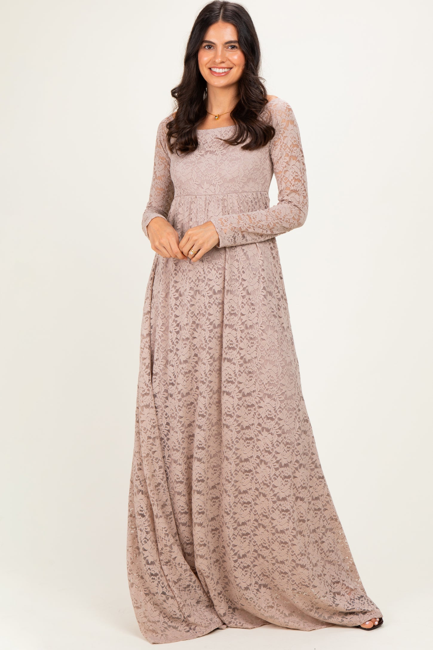 Mocha Floral Lace Long Sleeve Off Shoulder Maxi Dress