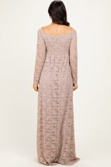 Mocha Floral Lace Long Sleeve Off Shoulder Maxi Dress