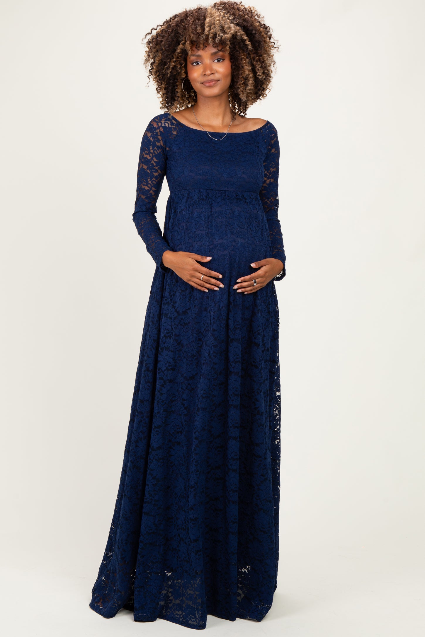 Navy Floral Lace Long Sleeve Off Shoulder Maternity Maxi Dress