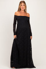 Black Floral Lace Long Sleeve Off Shoulder Maternity Maxi Dress