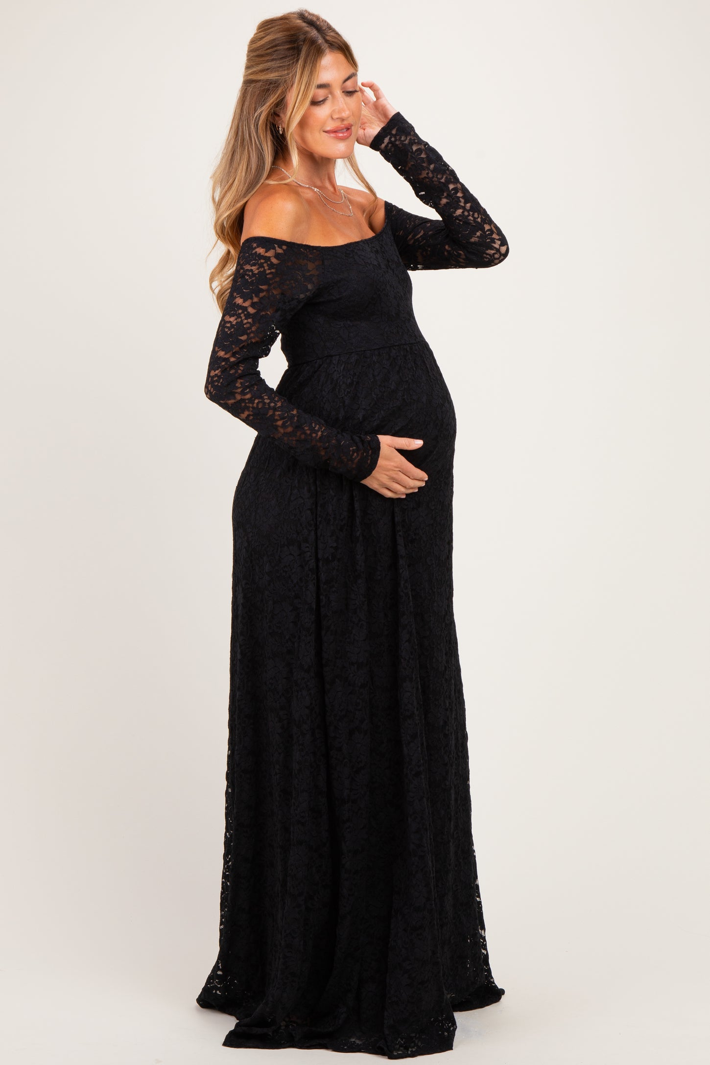 Black Floral Lace Long Sleeve Off Shoulder Maternity Maxi Dress