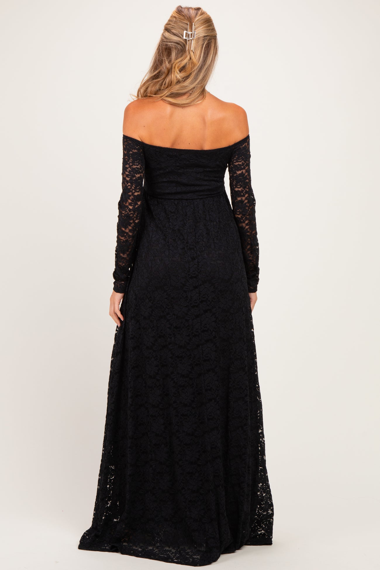 Black Floral Lace Long Sleeve Off Shoulder Maternity Maxi Dress
