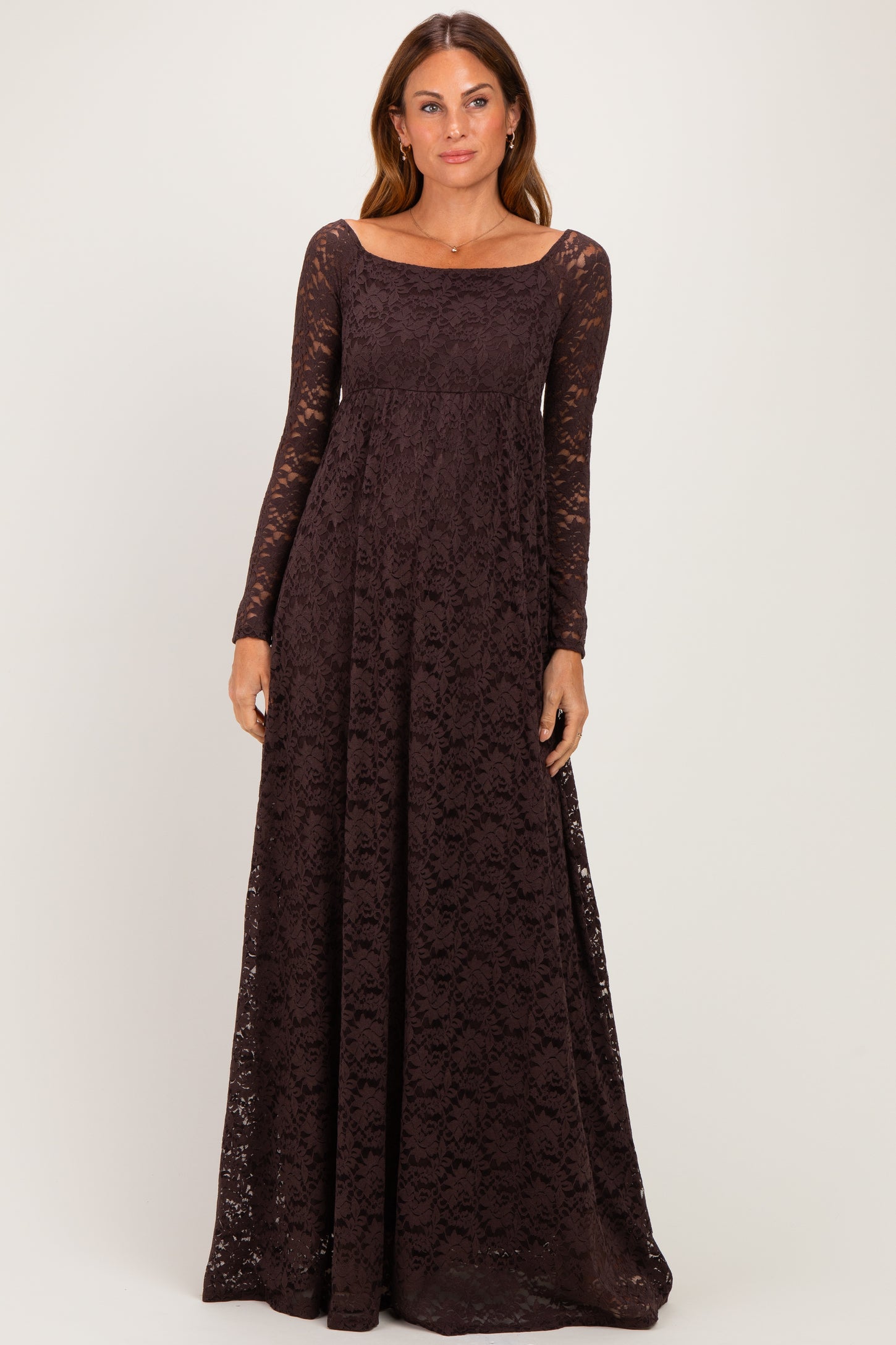 Brown Floral Lace Long Sleeve Off Shoulder Maternity Maxi Dress