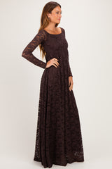 Brown Floral Lace Long Sleeve Off Shoulder Maxi Dress