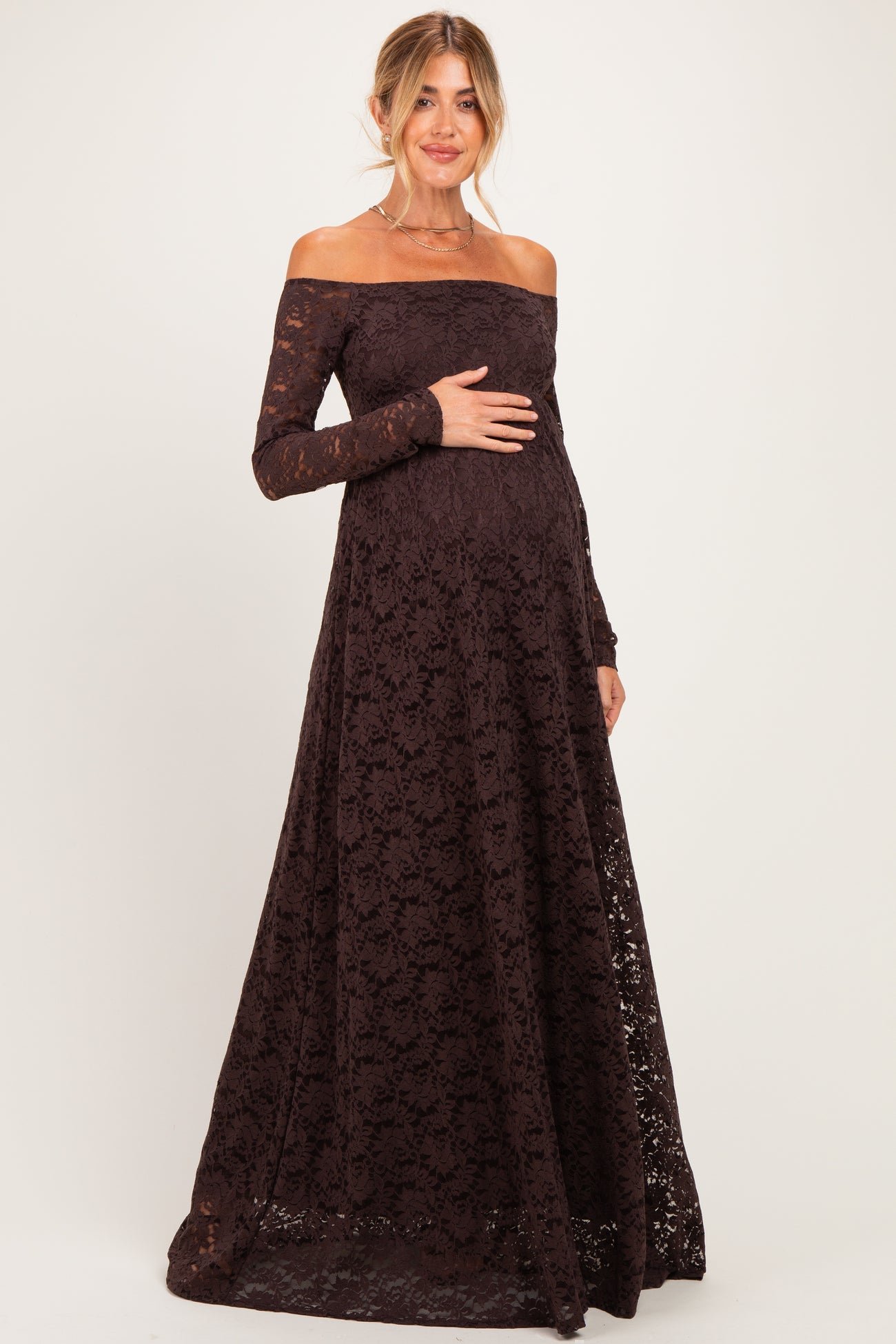 Brown Floral Lace Long Sleeve Off Shoulder Maternity Maxi Dress