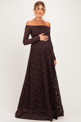 Brown Floral Lace Long Sleeve Off Shoulder Maternity Maxi Dress