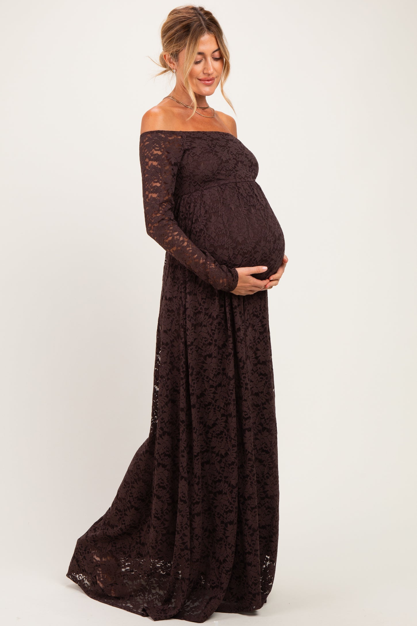 Brown Floral Lace Long Sleeve Off Shoulder Maternity Maxi Dress