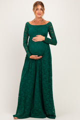 Hunter Green Floral Lace Long Sleeve Off Shoulder Maternity Maxi Dress