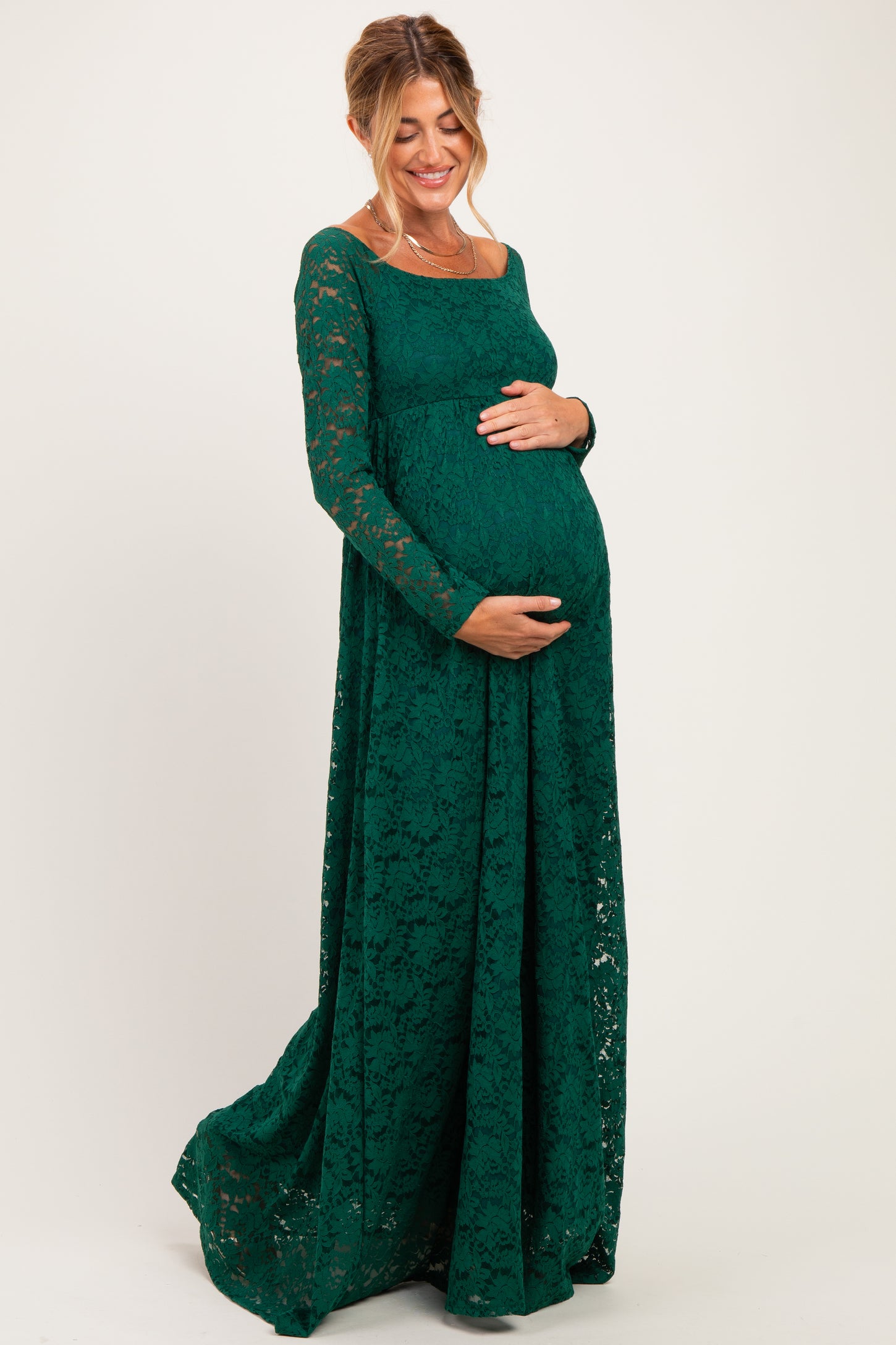 Hunter Green Floral Lace Long Sleeve Off Shoulder Maternity Maxi Dress