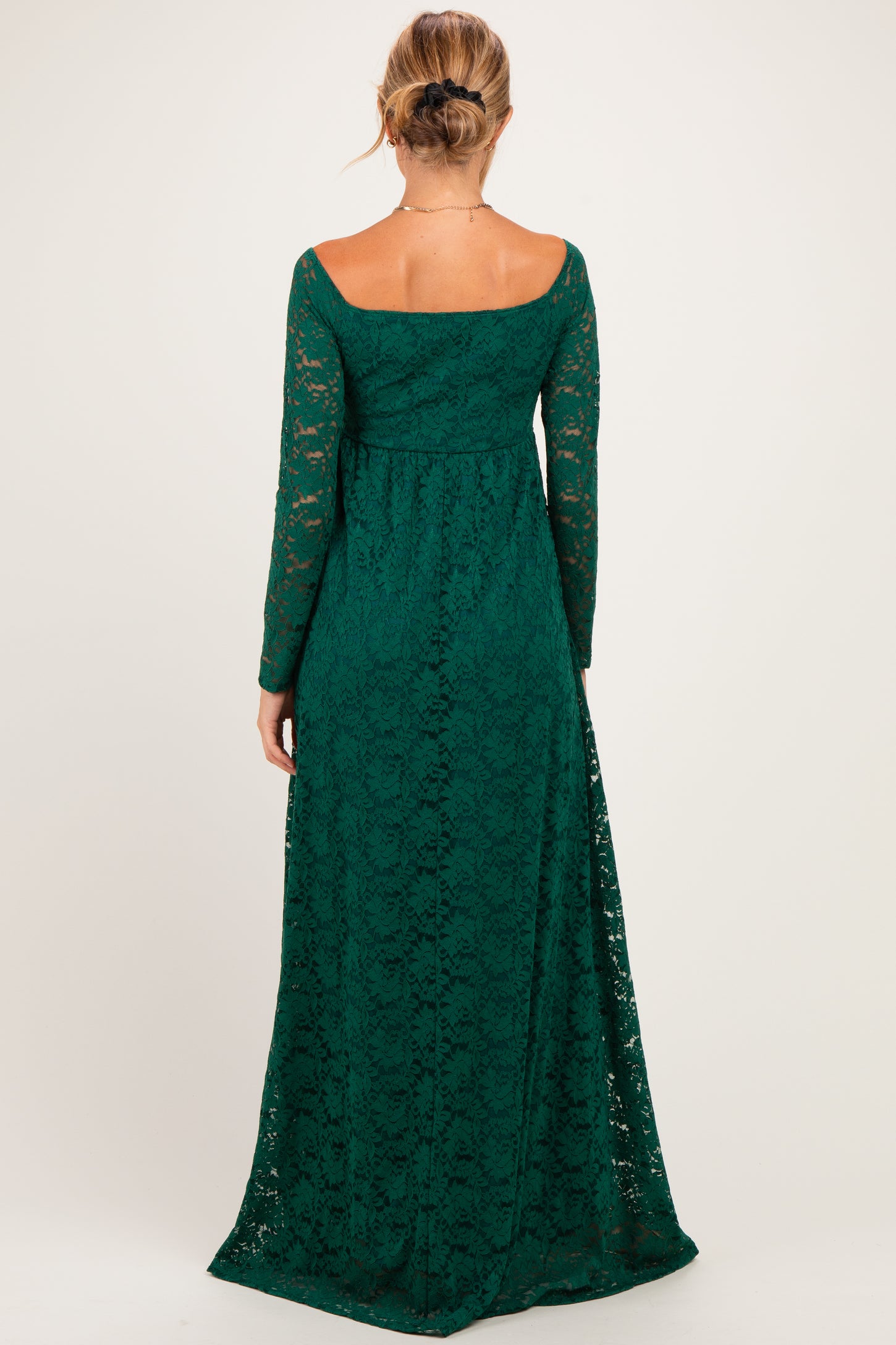 Hunter Green Floral Lace Long Sleeve Off Shoulder Maternity Maxi Dress