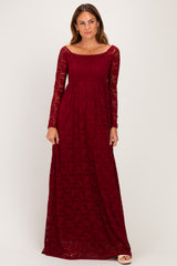 Burgundy Floral Lace Long Sleeve Off Shoulder Maternity Maxi Dress