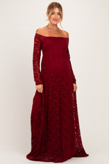 Burgundy Floral Lace Long Sleeve Off Shoulder Maternity Maxi Dress