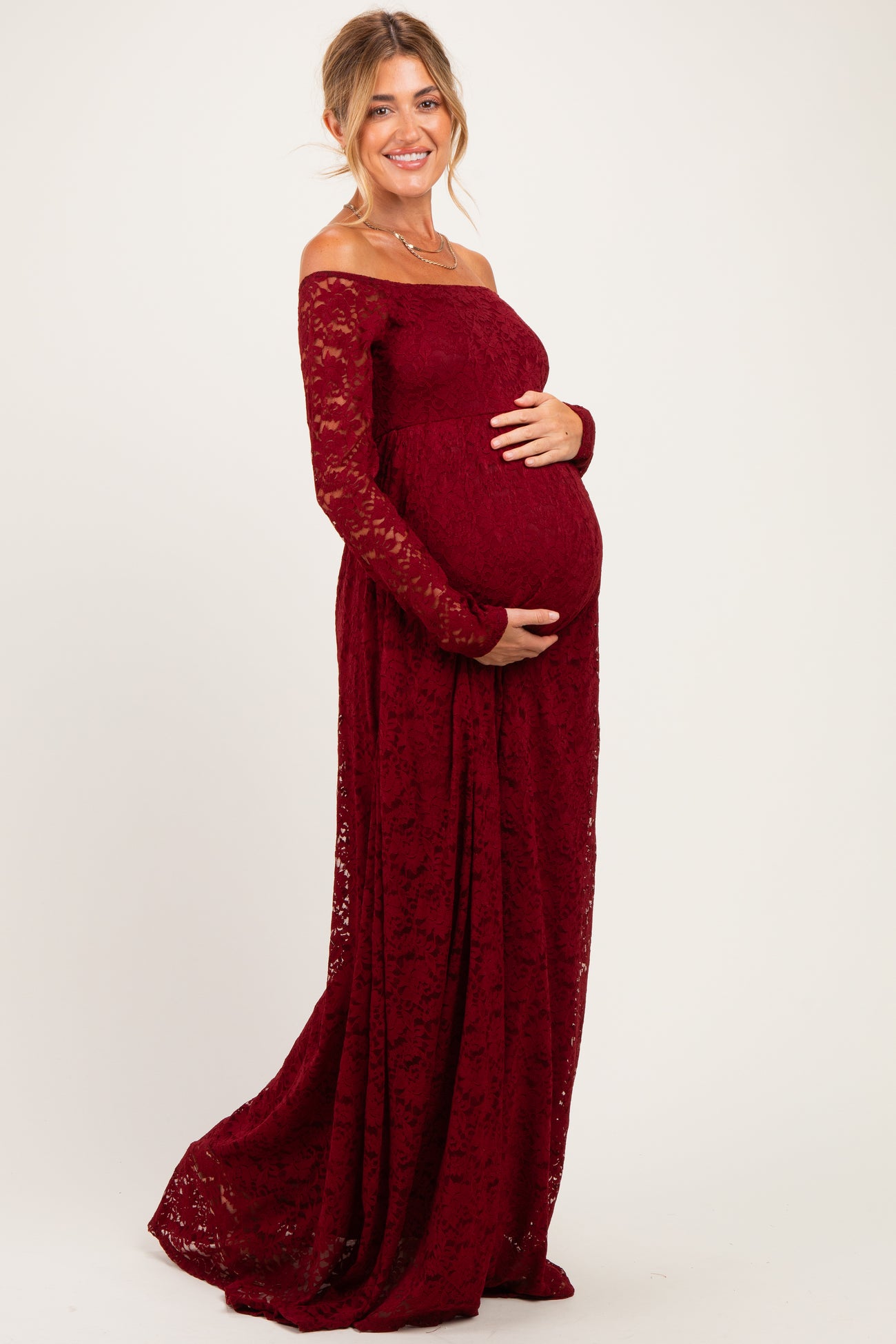 Burgundy Floral Lace Long Sleeve Off Shoulder Maternity Maxi Dress