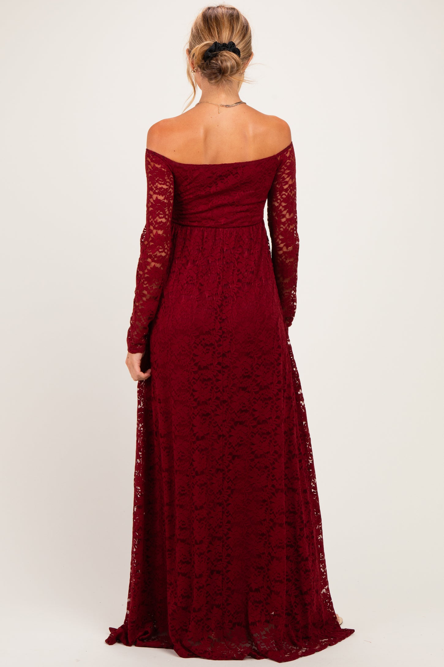 Burgundy Floral Lace Long Sleeve Off Shoulder Maternity Maxi Dress