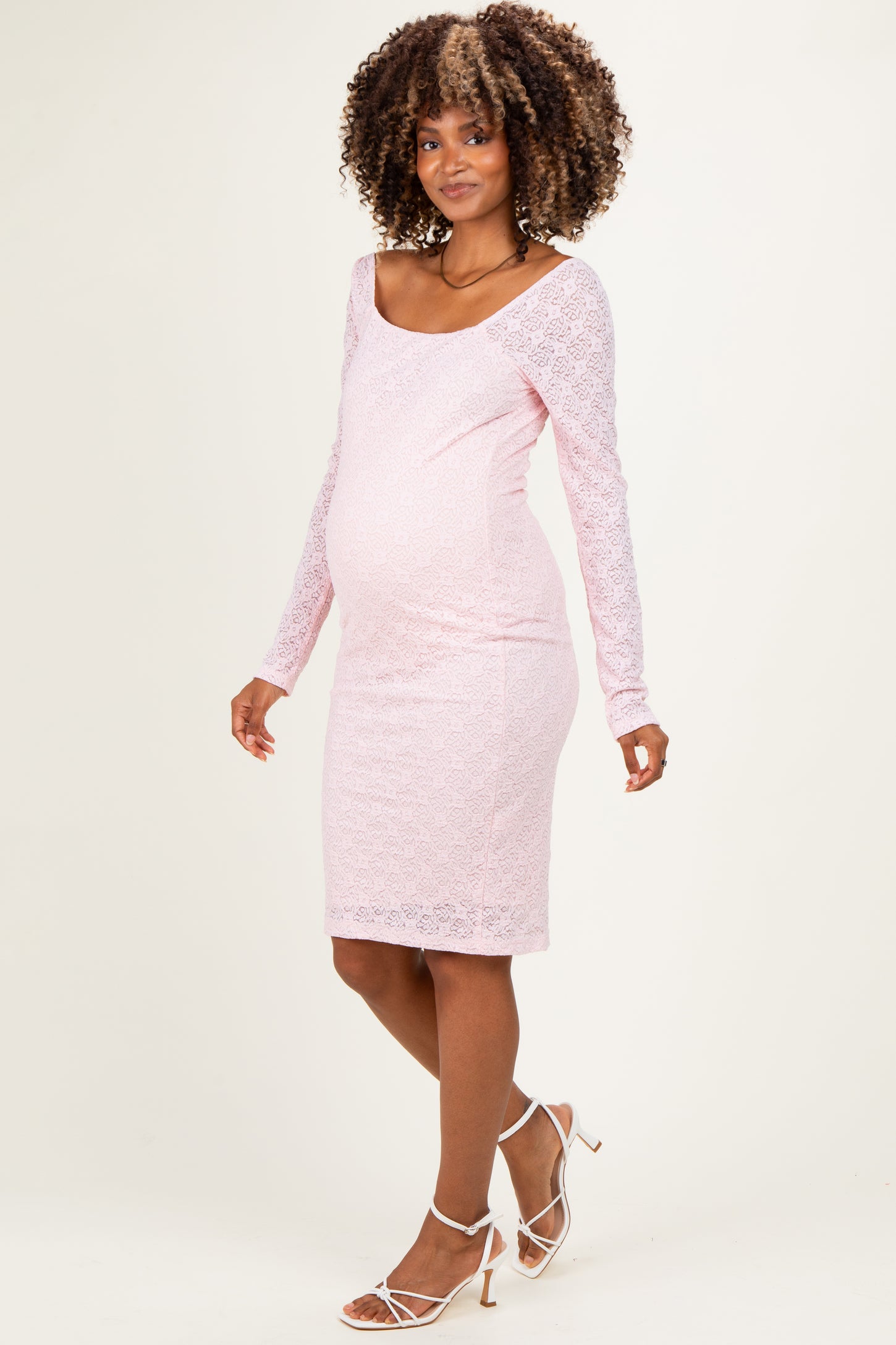 Light Pink Long Sleeve Fitted Lace Maternity Dress
