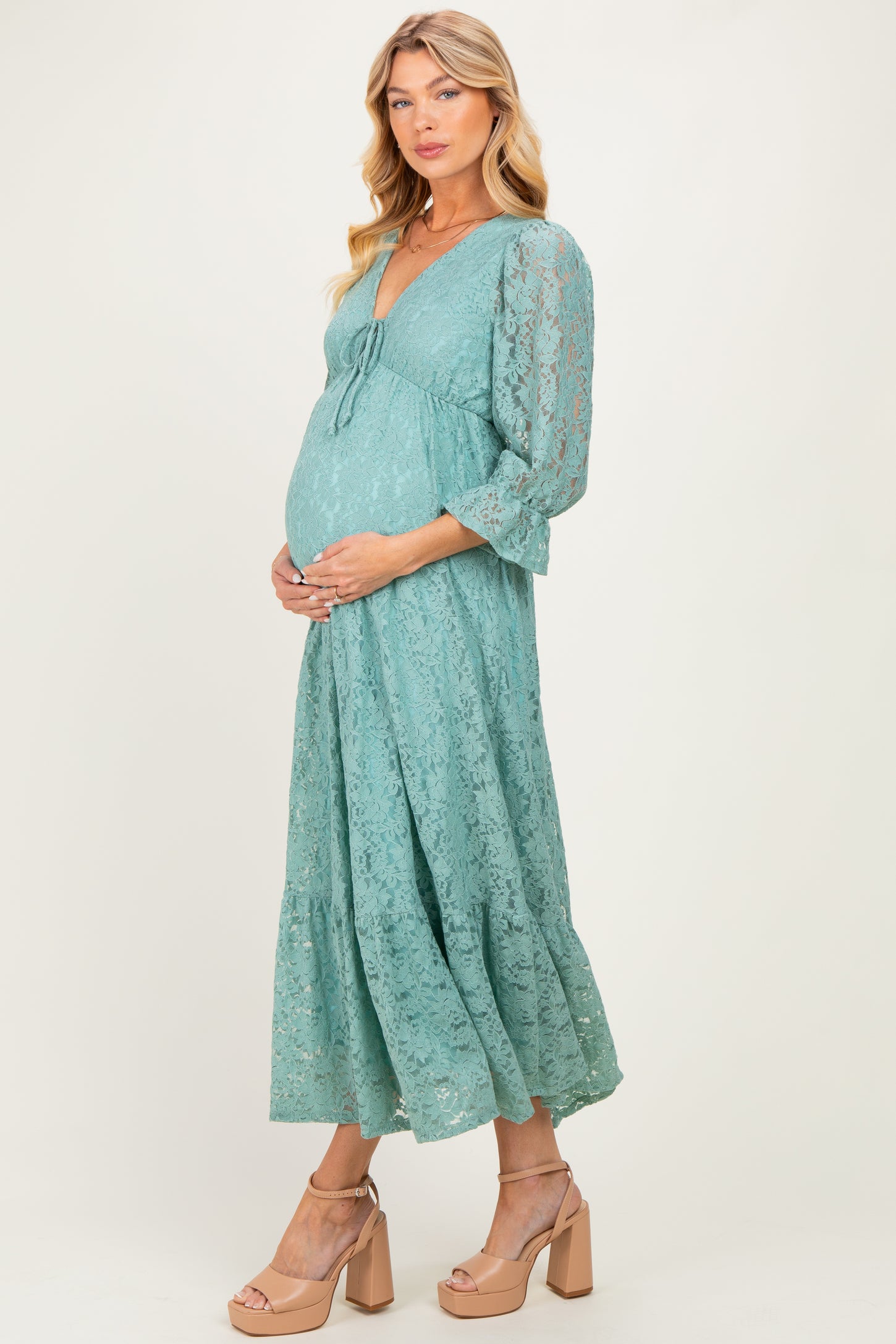 Blue Floral Lace 3/4 Ruffle Sleeve V-Neck Maternity Maxi Dress