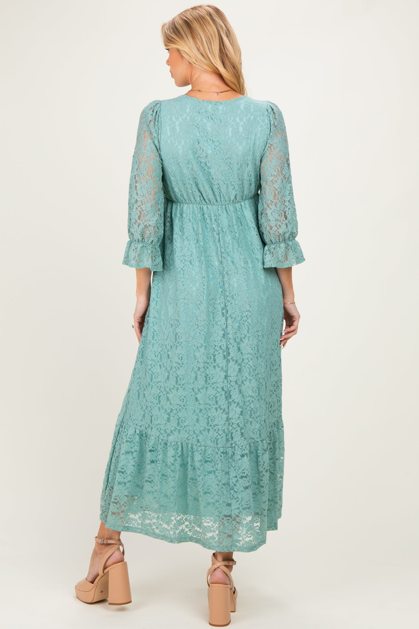 Blue Floral Lace 3/4 Ruffle Sleeve V-Neck Maternity Maxi Dress