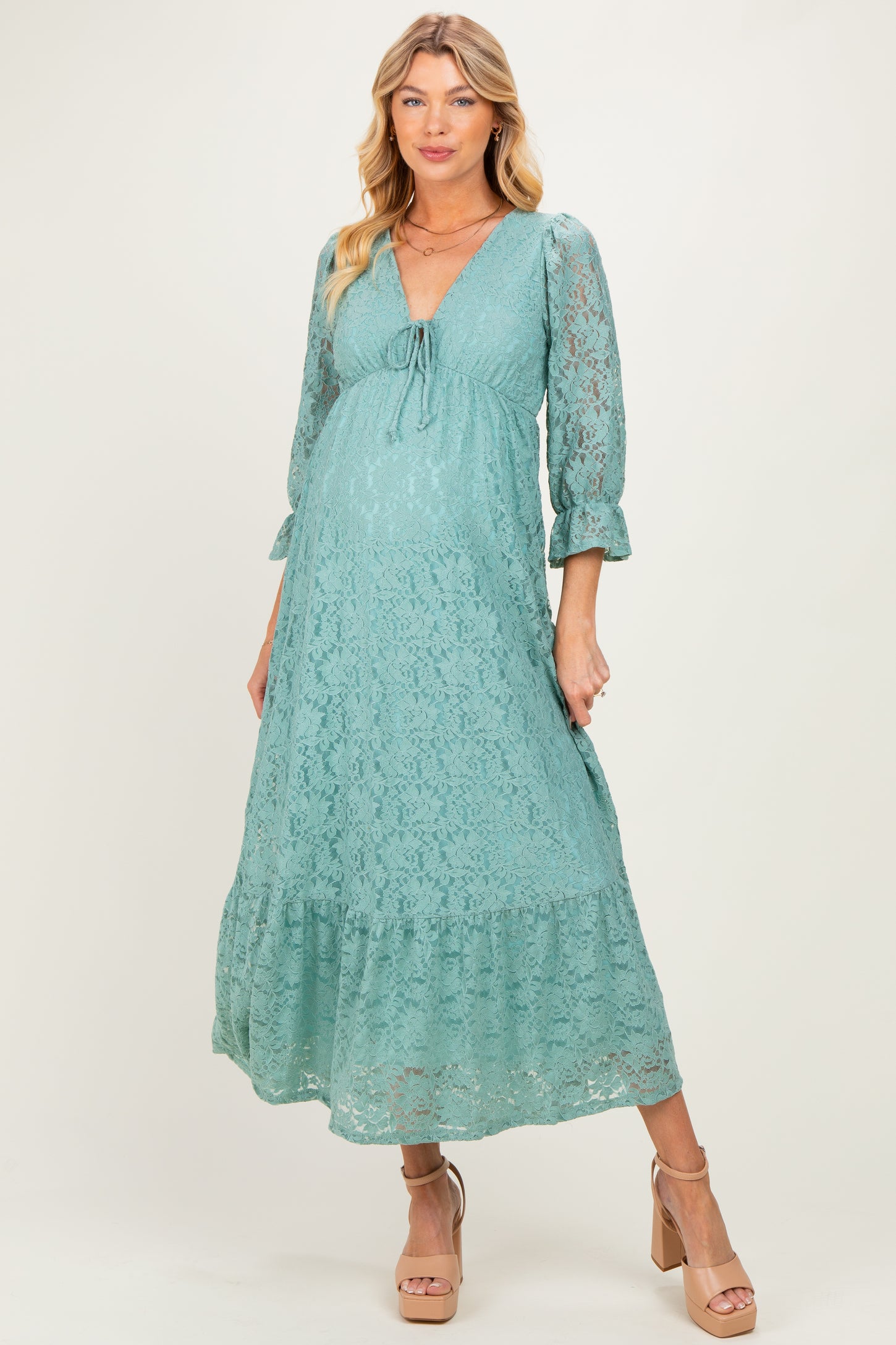 Blue Floral Lace 3/4 Ruffle Sleeve V-Neck Maternity Maxi Dress