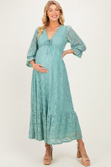 Blue Floral Lace 3/4 Ruffle Sleeve V-Neck Maternity Maxi Dress