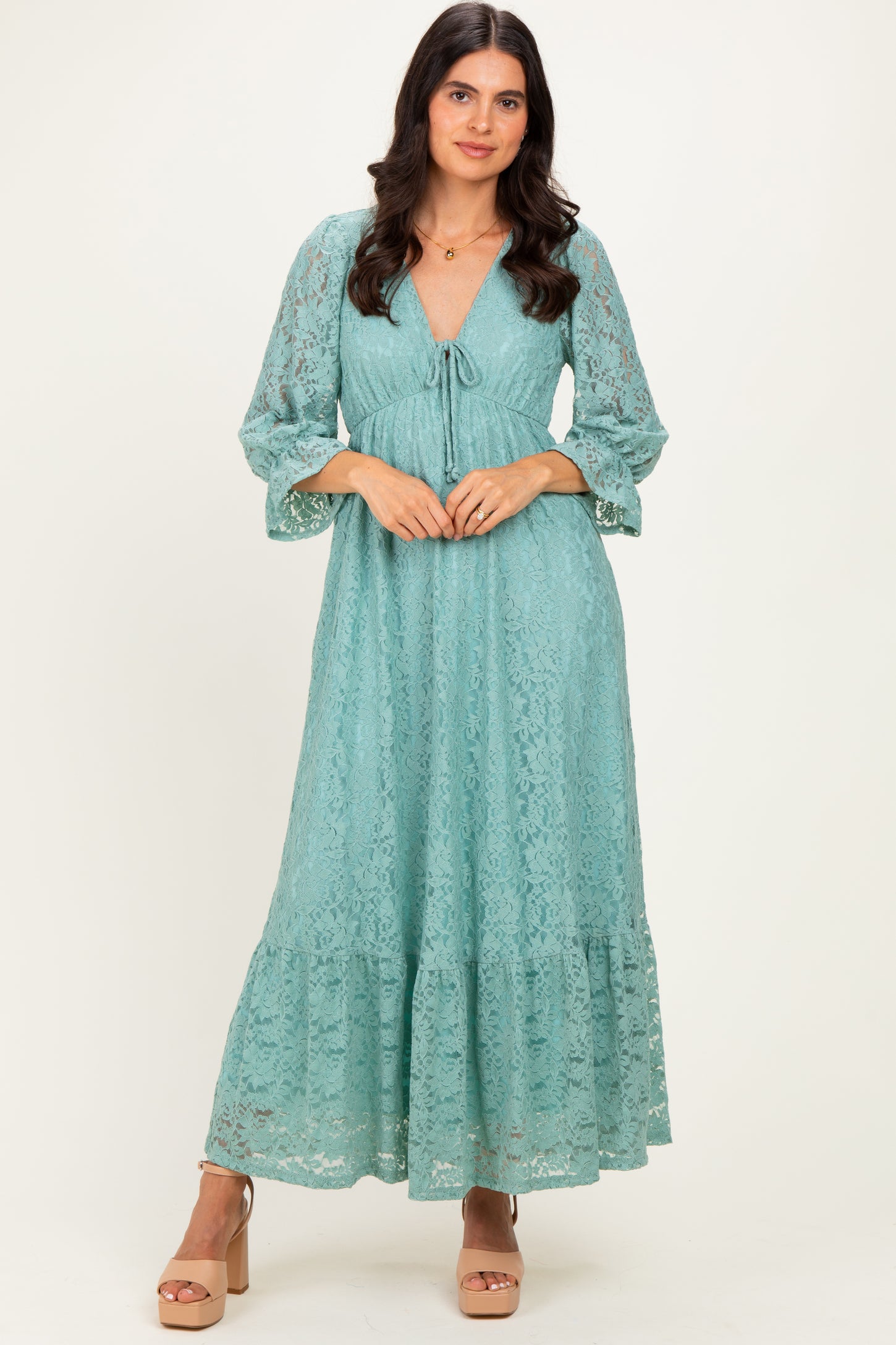 Blue Floral Lace 3/4 Ruffle Sleeve V-Neck Maternity Maxi Dress