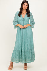 Blue Floral Lace 3/4 Ruffle Sleeve V-Neck Maternity Maxi Dress