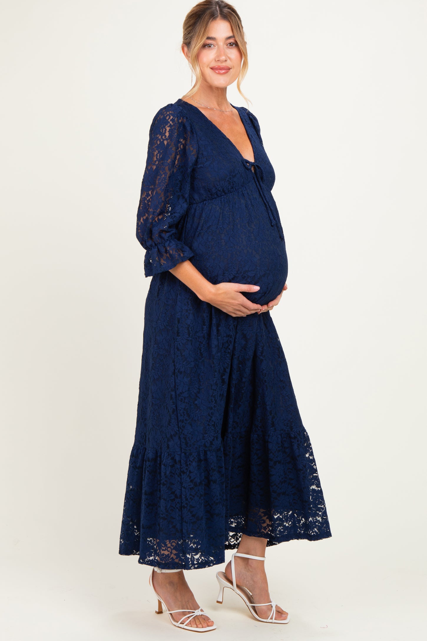 Navy Floral Lace 3/4 Ruffle Sleeve V-Neck Maternity Maxi Dress