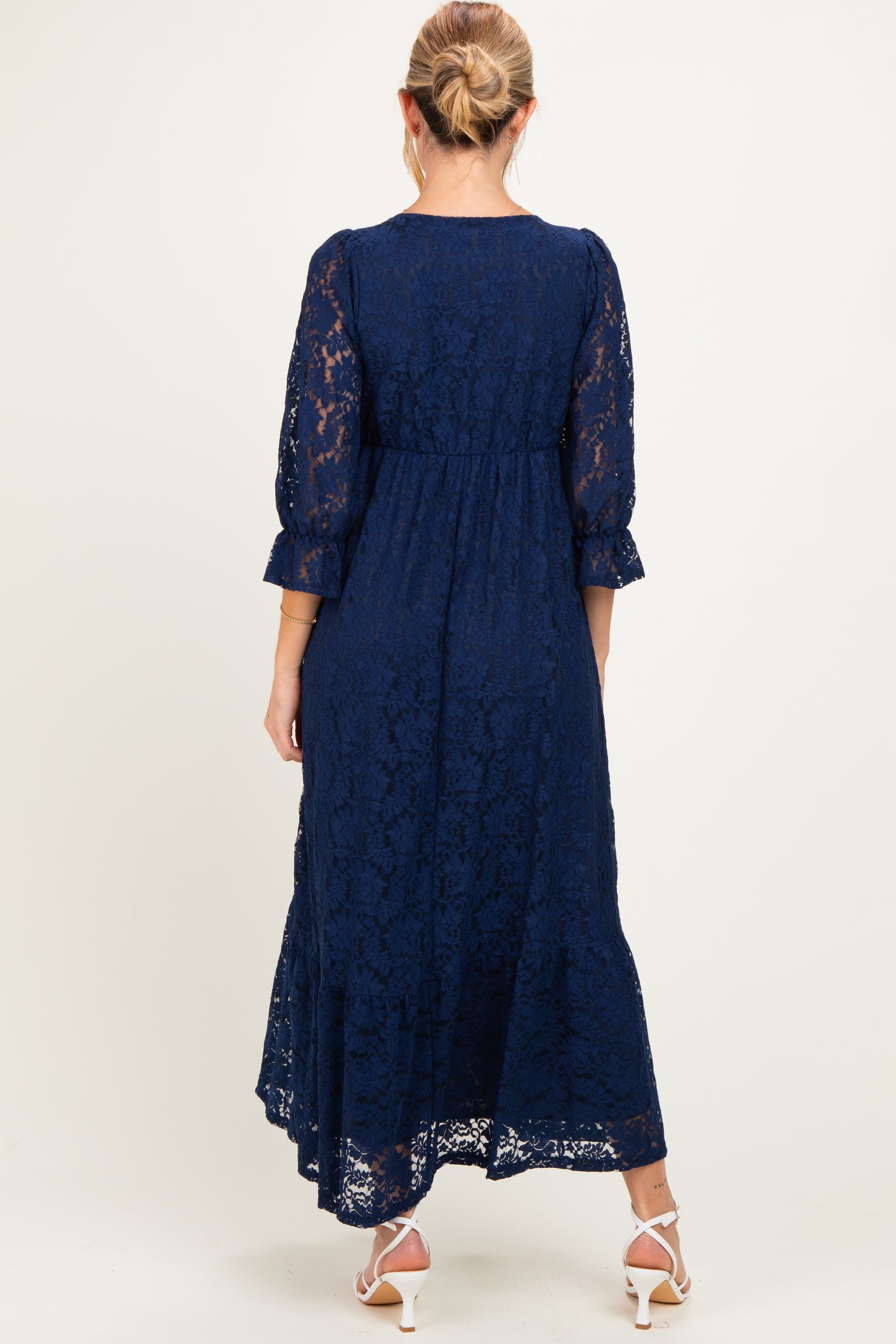 Navy Floral Lace 3/4 Ruffle Sleeve V-Neck Maternity Maxi Dress