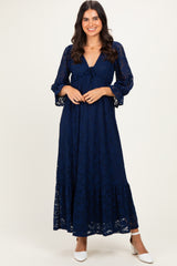 Navy Floral Lace 3/4 Ruffle Sleeve V-Neck Maternity Maxi Dress