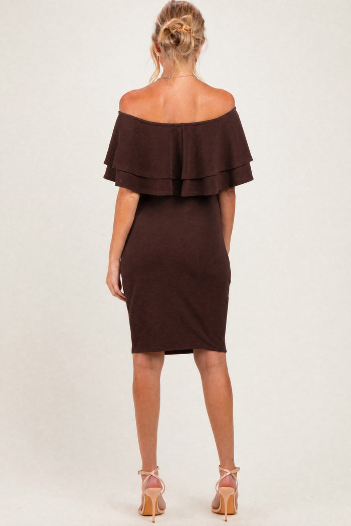 Brown Off Shoulder Ruched Maternity Dress